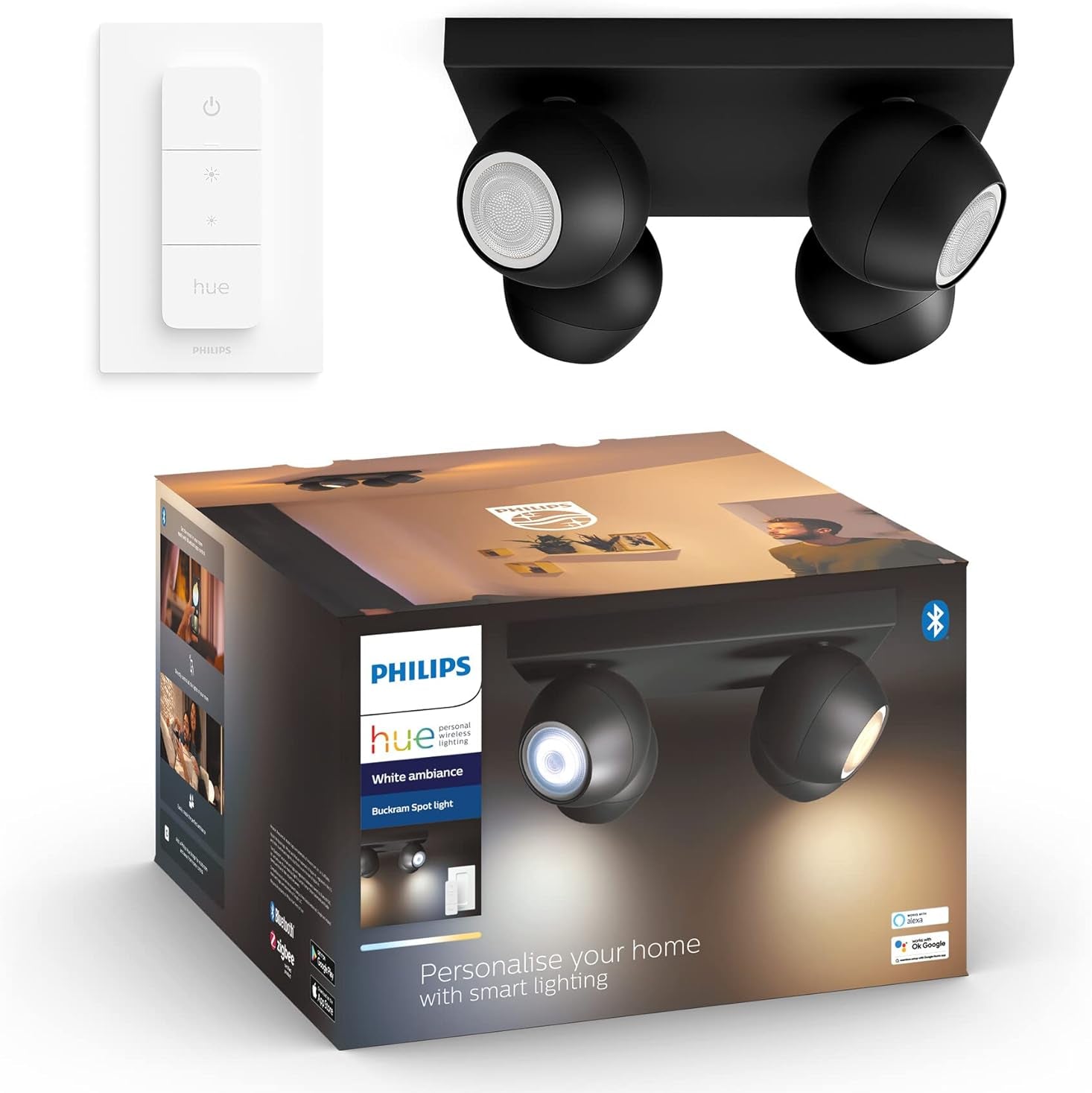 Philips Hue 4-Spot White Ambiance Smart LED Kit, Dimmable, App Control